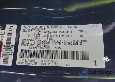 2017 Toyota Tundra Limited 5.7L V8 from USA, damaged, VIN 5TFHY5F1XHX621919